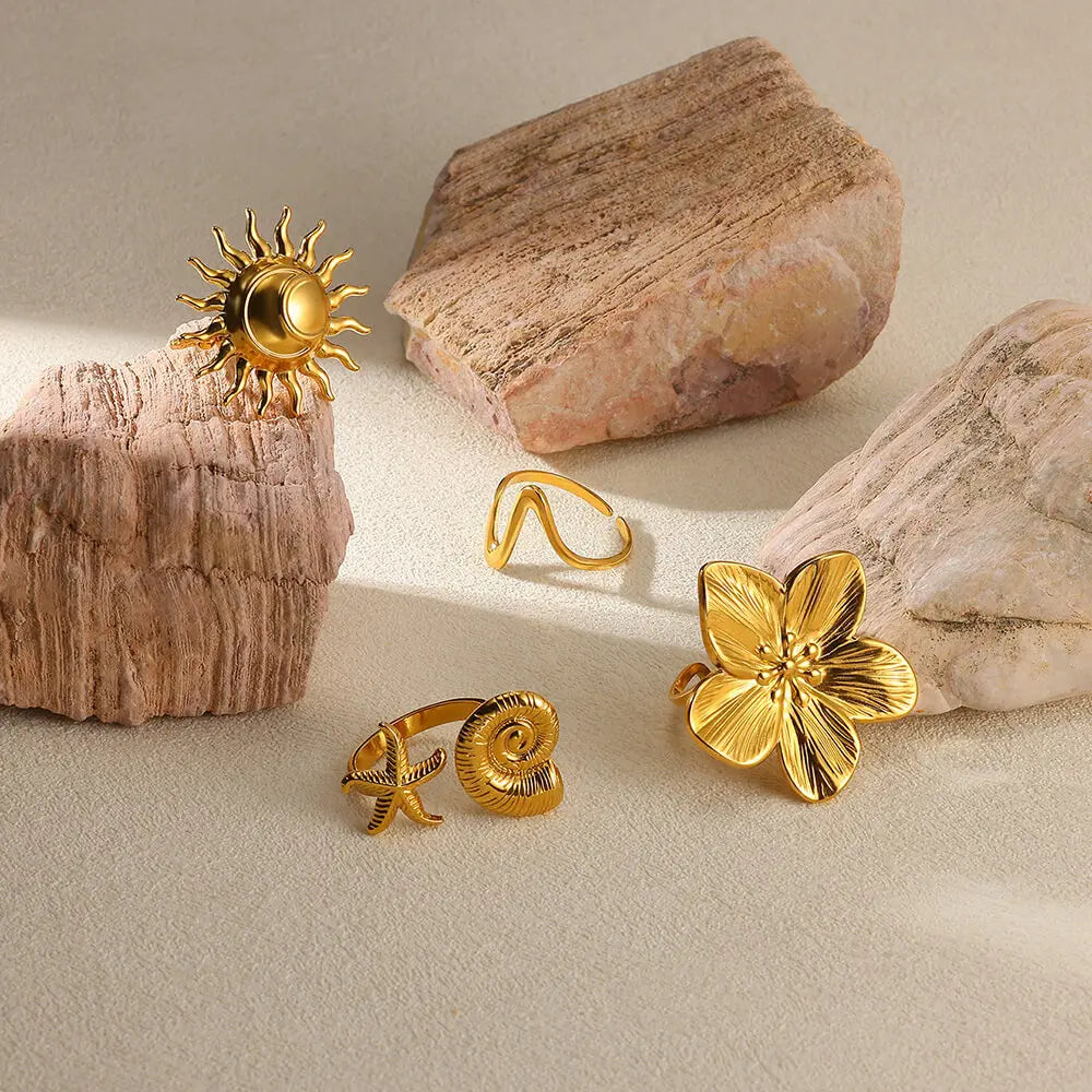 Elegante Edelstahl Big Bloom Blumenringe für Frauen Goldfarbe Sonne Seestern Offener Ring Fingerschmuck Hochzeit Ihr Geschenk Punk