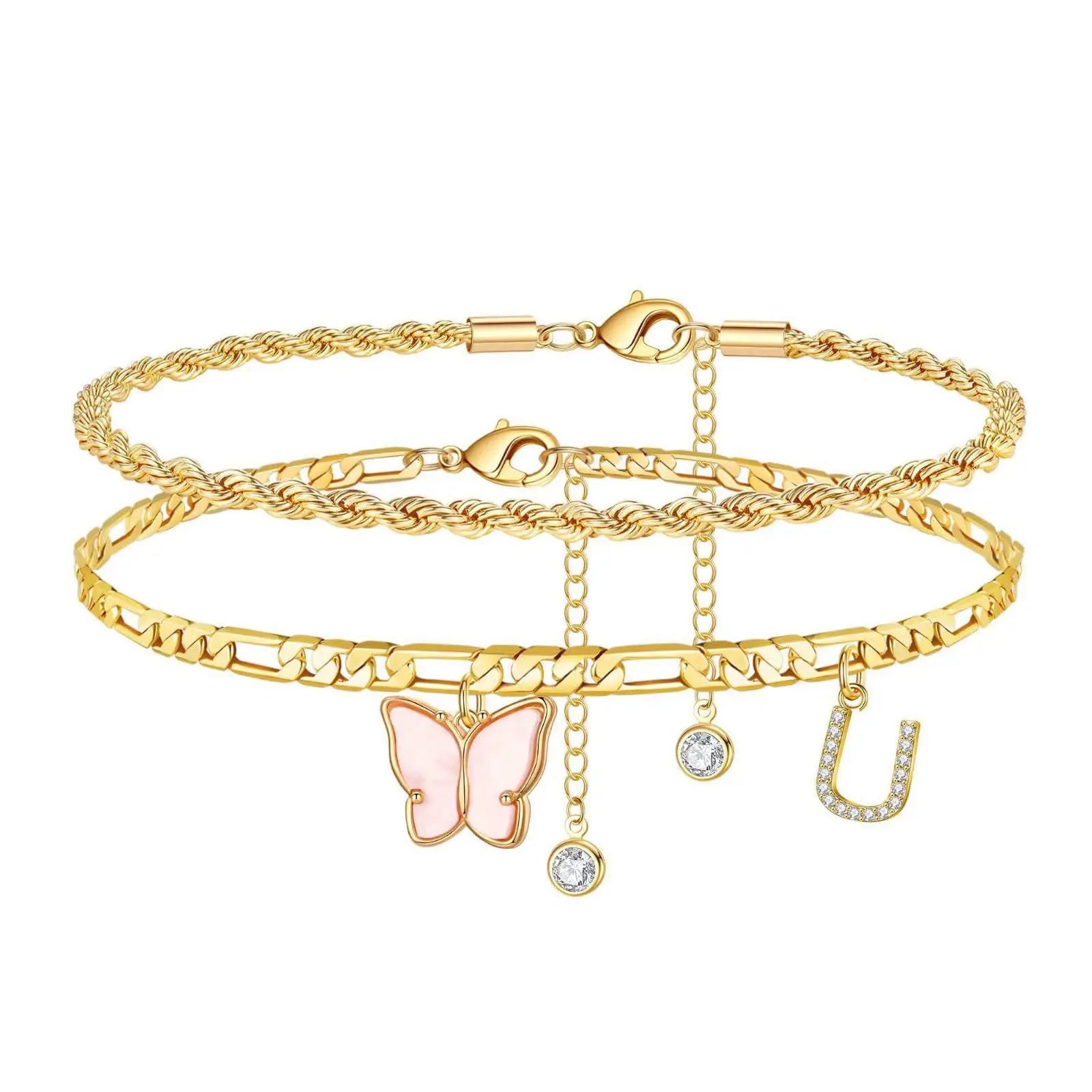 2 Stück Edelstahl Anfangs-Fußkettchen-Set für Frauen, 26 Buchstaben Acryl Schmetterling Charm Kette am Fuß Sommer Fußkettchen Schmuck