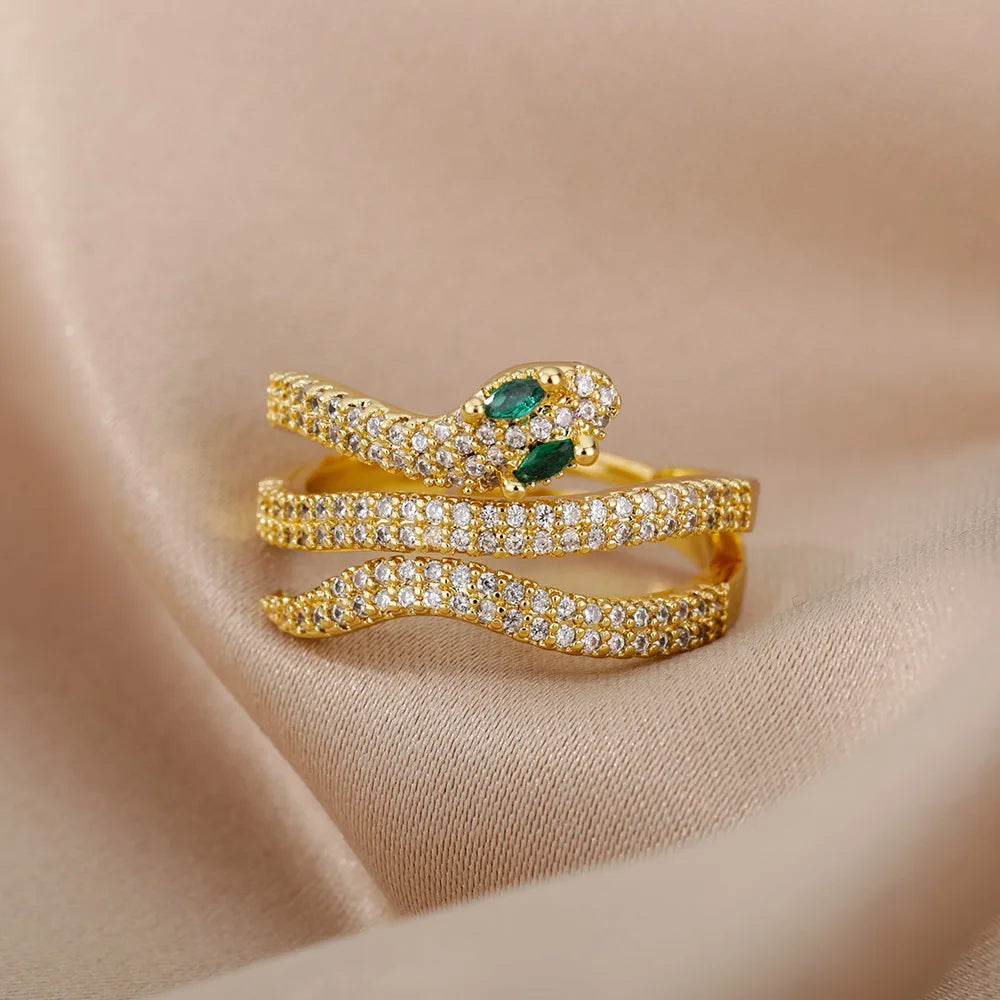 Edelstahl Schlangenringe für Damen Herren Goldfarben Offen Verstellbar Zirkon Ring Vintage Gothic Ästhetischer Schmuck anillos mujer