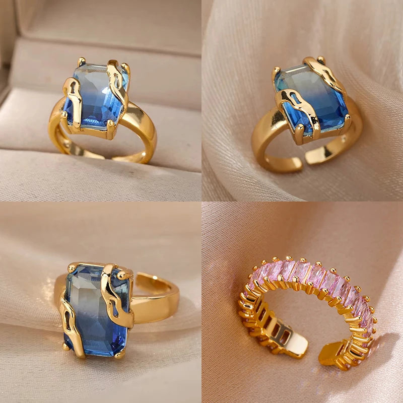 Cubic Zirconia Blaue quadratische Steinringe für Damen Edelstahl Quadratischer Stein Fingerring Party Ästhetischer Valentinstag Schmuck Geschenk