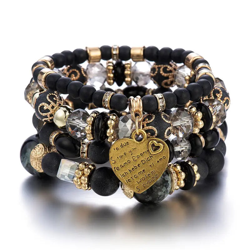 4er-Set Boho Kristallperlen-Kettenarmbänder für Damen, Vintage Herz-Anhänger, elastisches Armband, Damen Mode Party Schmuck