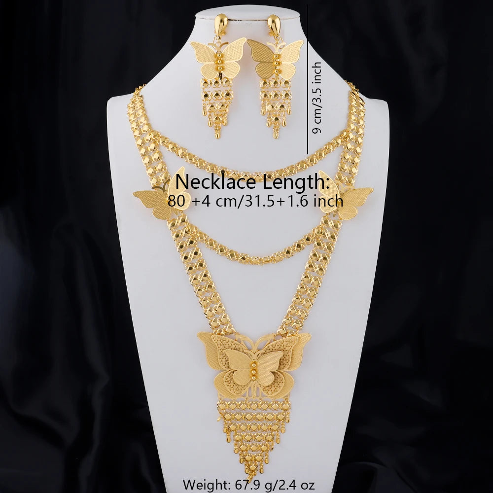 Neues indisches Goldfarbenes langes Halsketten-Set Nigerianische Party Braut Hochzeit Luxus Dubai Ohrringe Schmuck Damen Valentinstagsgeschenk