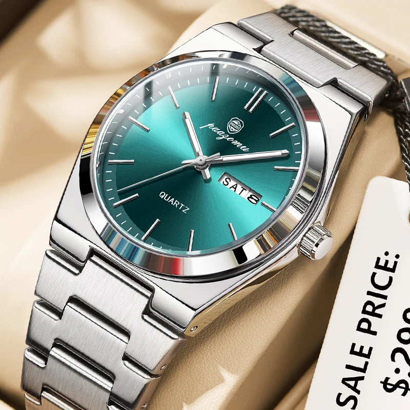 PAAZOMU Reloj de cuarzo de moda para hombre, de acero inoxidable, impermeable, luminoso, cronógrafo, fecha, multifunción para hombre