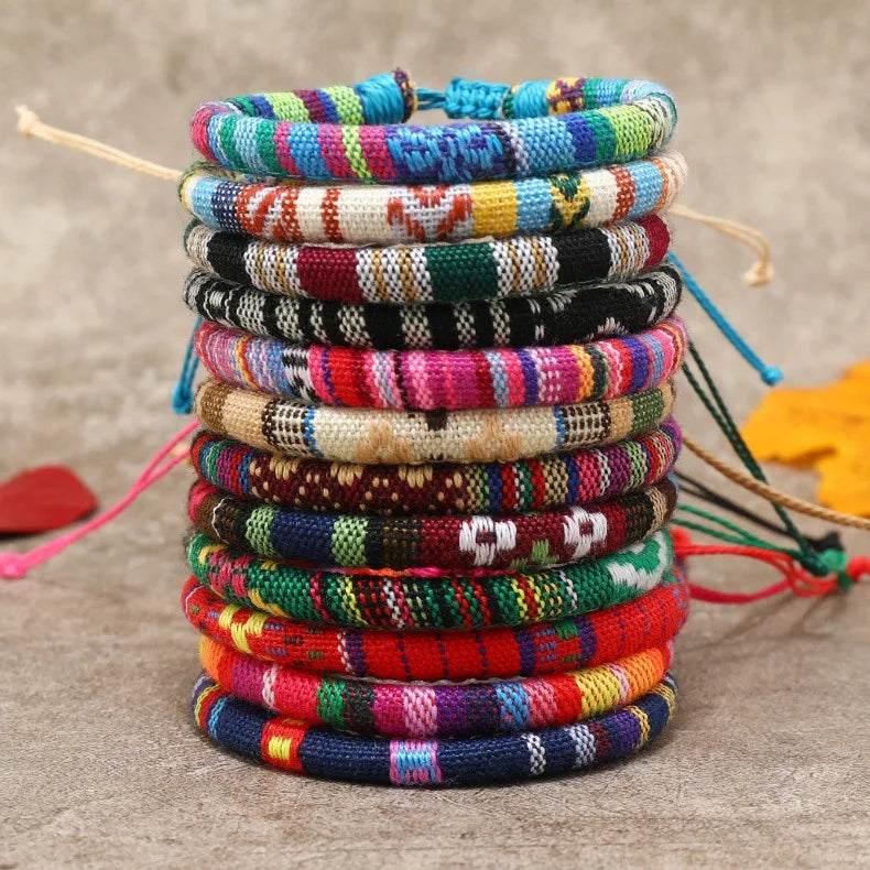 12 Stück Nepal Ethnisches Buntes Armband-Set für Frauen Böhmische Stoff Geflochtene Seilarmbänder Herren Armreif Mode Sommerschmuck