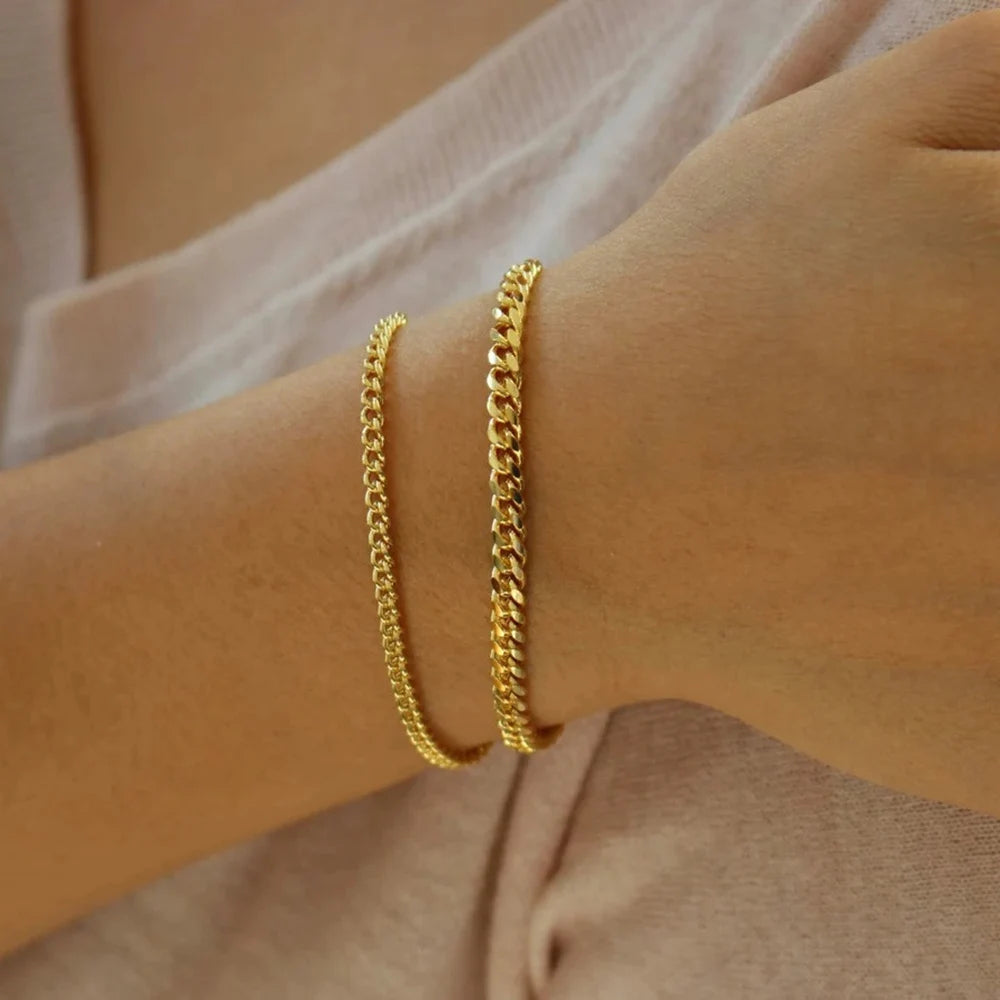 Edelstahl-Kettenarmband für Damen, 3 mm bis 9 mm, Curb Cuban Chain Armreif, Goldfarben, Unisex, stapelbarer Schmuck