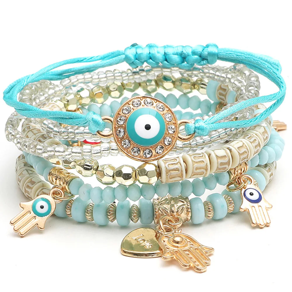 6Pcs Fatima Hand Böses Auge Armband Set für Frauen Herz Charm Perlen Seilkette Armreif Weiblicher Böhmischer Handgemachter Schmuck