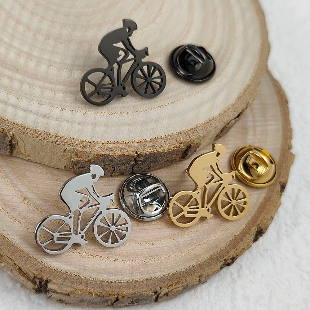 New bicycle racer men's lapel pin, 316L stainless steel gold-plated badge, black brooch for suit accessories, gift for father