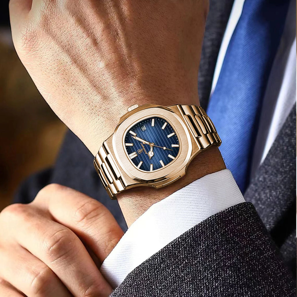 POEDAGAR Reloj de Cuarzo Cuadrado de Moda para Hombre, Impermeable, Luminoso, con Fecha, de Acero Inoxidable, Reloj de Hombre de Negocios de Lujo