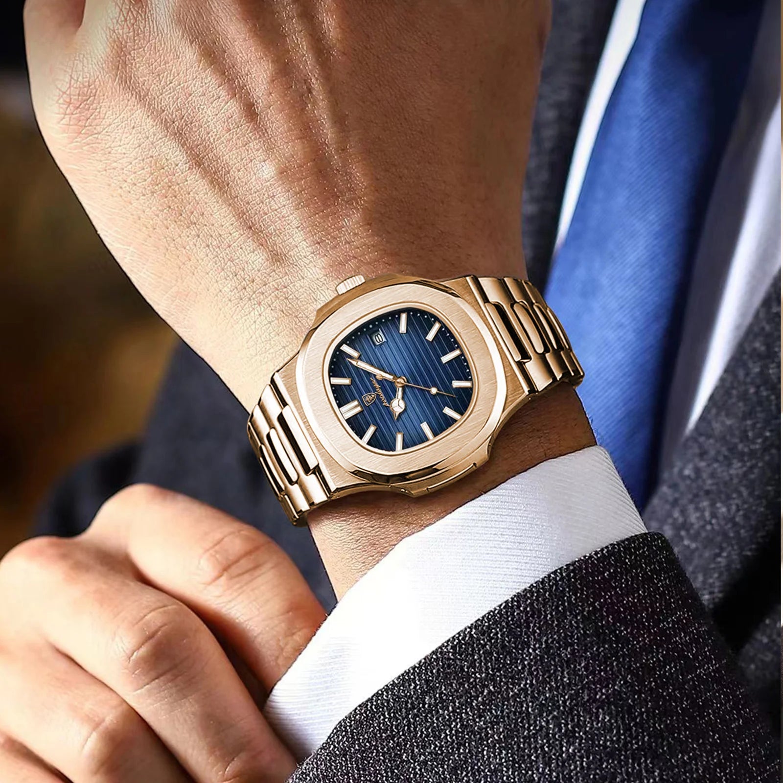 POEDAGAR Reloj de Cuarzo Cuadrado de Moda para Hombre, Impermeable, Luminoso, con Fecha, de Acero Inoxidable, Reloj de Hombre de Negocios de Lujo