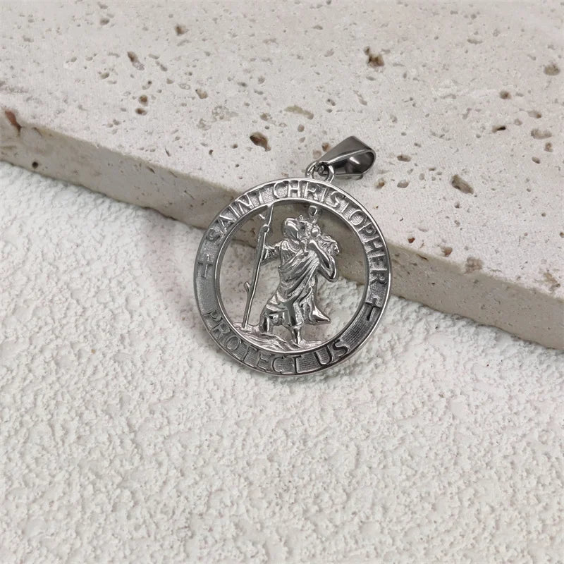 Venta caliente Religioso 18K chapado en oro San Cristóbal Collar de acero inoxidable con colgante para hombres mujeres regalo de joyería