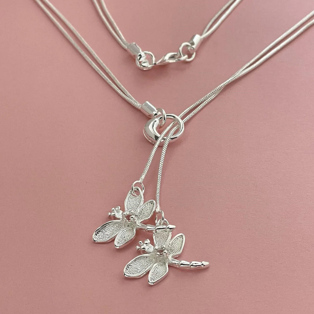 Collar con colgante de dos libélulas de plata de ley 925 para mujer, collar con cadena de serpiente, joyería para boda y compromiso