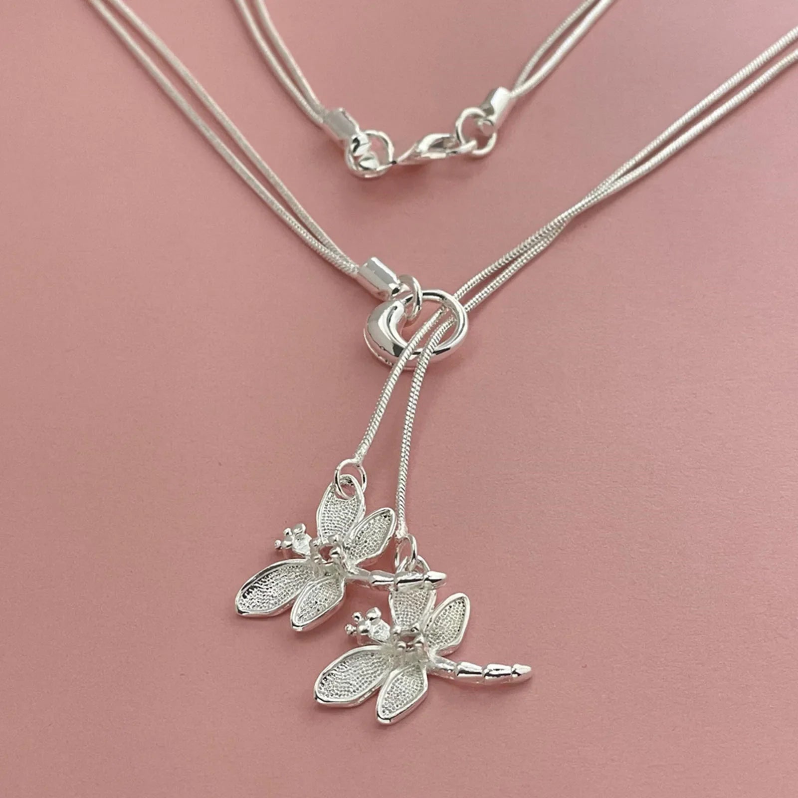 Collar con colgante de dos libélulas de plata de ley 925 para mujer, collar con cadena de serpiente, joyería para boda y compromiso