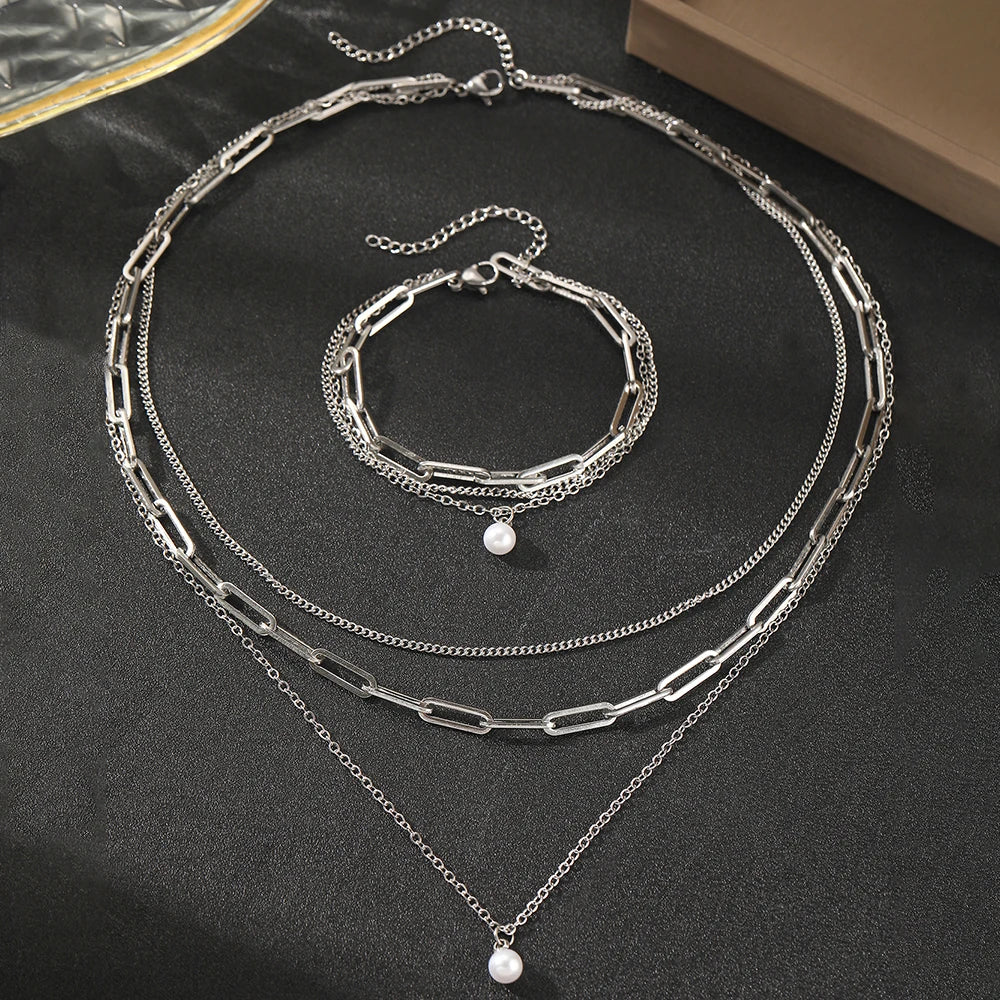 Aomogo Stainless Steel Jewelry Set Delicate Pearl Pendant Jewelry Set Luxury Multi-Layer Chain Jewelry Set For Women Jewelry