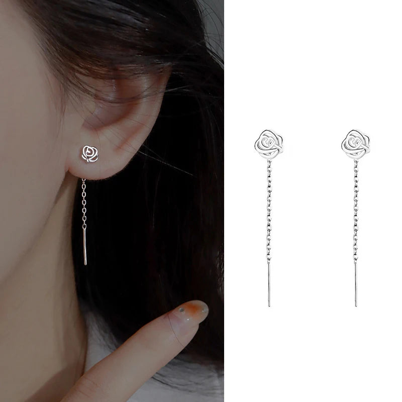 JWER S925 Silver Needle Star Line Earring for Women Tassel Drop Earring Long Chain Beads Piercing Earring Asymmetry Ear Jewelry
