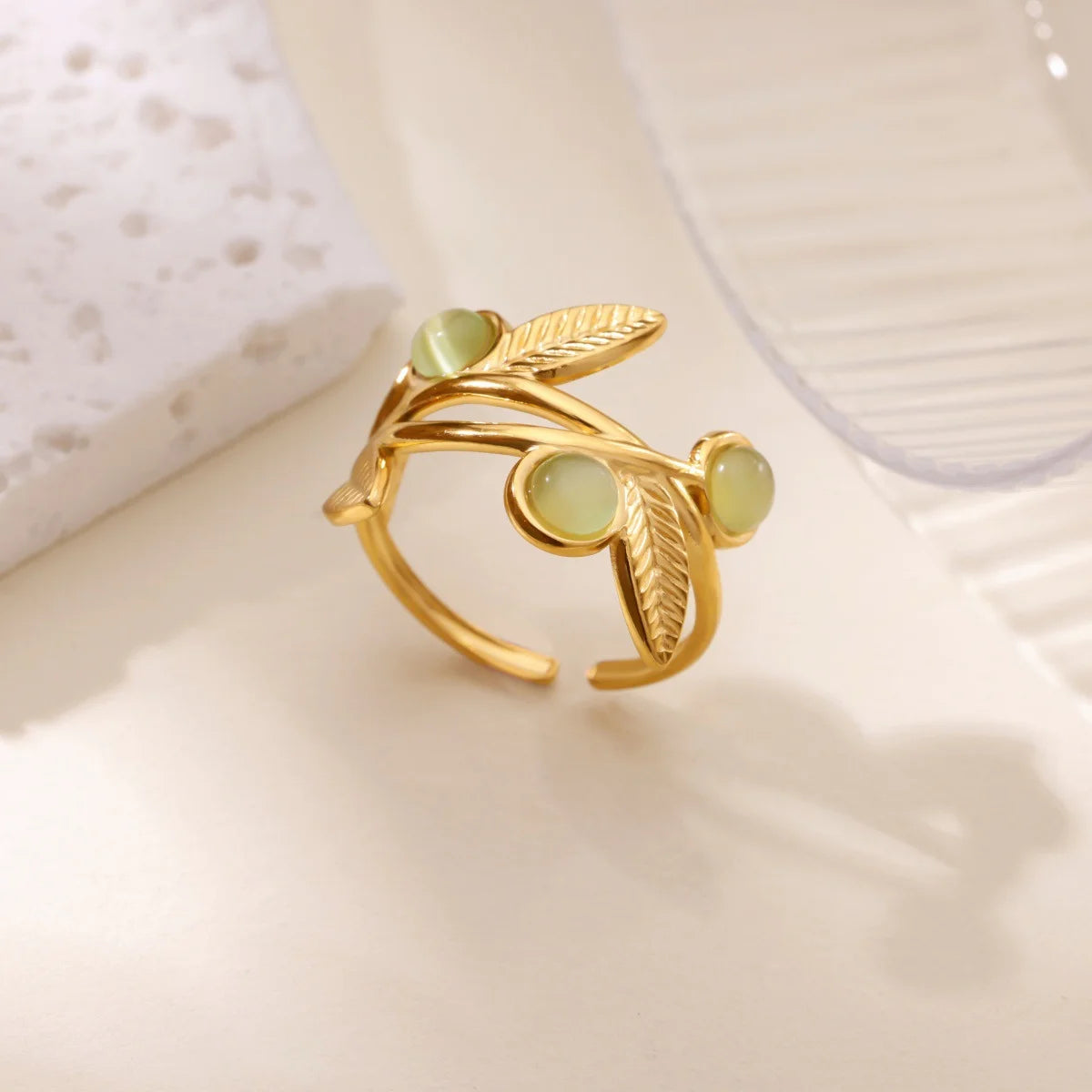 Vintage Grüne Stein Offene Edelstahlringe Für Frauen Mode Goldfarbe Blume Zirkon Ring Schmuck Ästhetische Anillos Geschenk