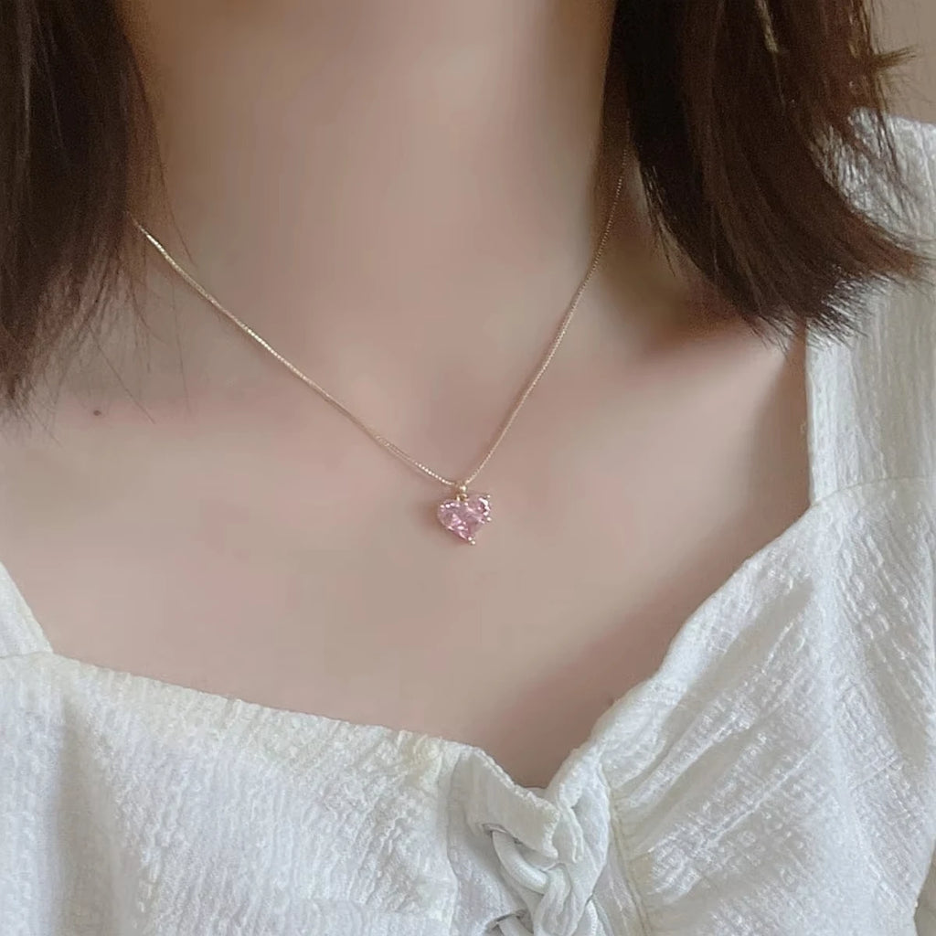 3tlg. Trendiges Y2K Herzförmiges Zirkon Rosa Kristall Anhänger Ohrringe Halsketten Set für Frauen Herz Elegant Exquisiter Party Schmuck