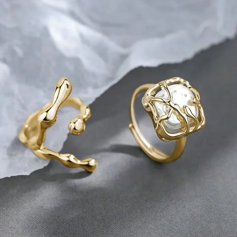 Neuer unregelmäßiger Perlenring, zweiteiliges Set für Damen, modisches personalisiertes tägliches Accessoire, Party-Schmuck, Geburtstagsgeschenke
