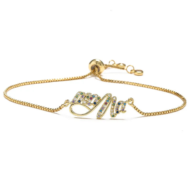 Modische goldfarbene „Mama“-Charm-Armbänder für Damen, Mädchen, verstellbare Kettenlänge, luxuriöser CZ-Schmuck als Geschenk für Mama