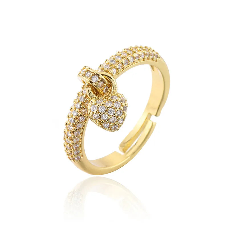 NEWBUY Fashion Bunte Zirkonia Pavé-Fassung Hochzeitsschmuck 2024 Trendiger Goldfarbener Herzanhänger Fingerring für Damen
