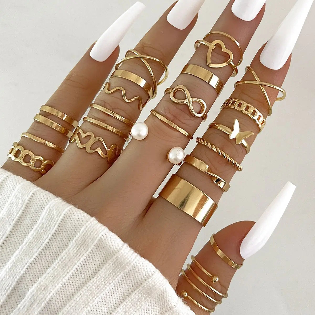 Mode Einfache Welle Gelenkringe Set für Frauen Kristall Herz Form Gold Silber Farbe Ring Weiblicher Party Schmuck