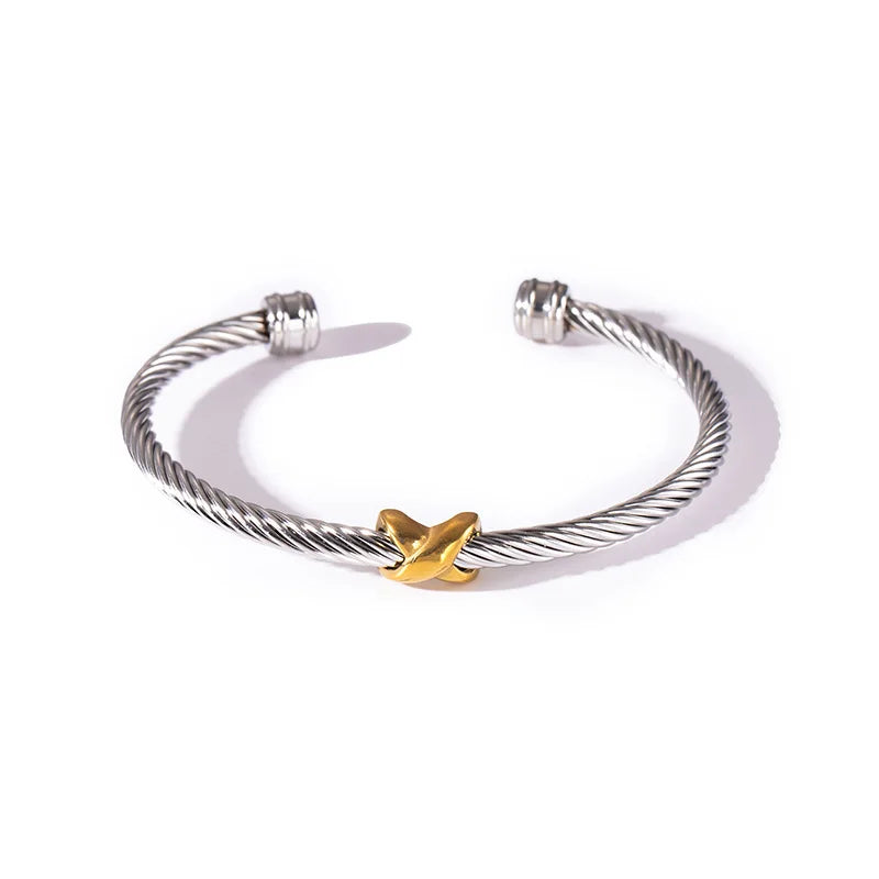 1x Edelstahl vergoldet Armreif Trendiger Retro Hip-Hop Stil Armband Fried Dough Twists Stahldrahtseil Farbfester Armreif