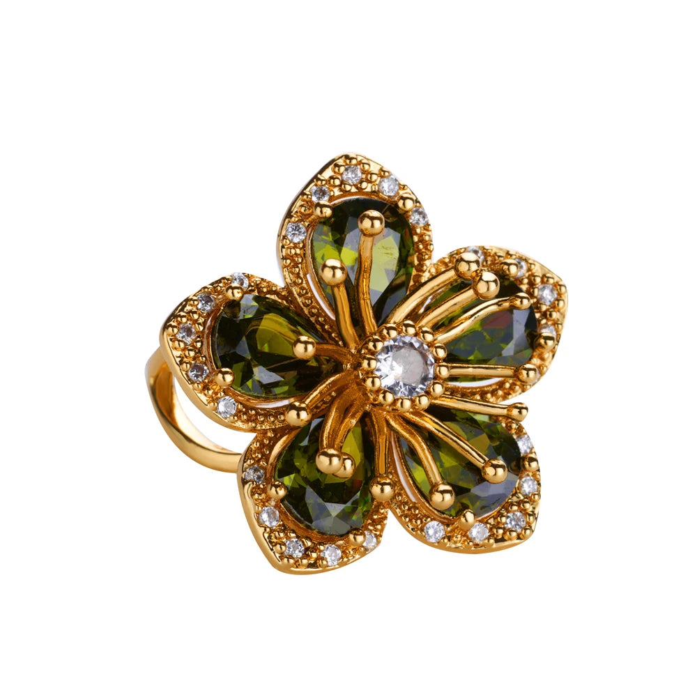 Luxuriöse bunte Zirkonia-Blumenringe für Damen, goldfarbener Edelstahl-Öffnungsring, modischer Hochzeitsparty-Ästhetik-Schmuck