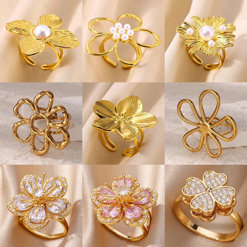 Edelstahl Blume Große Offene Ringe Für Frauen Gold Farbe Nachahmung Perle Hohlring Trendiger Ästhetischer Schmuck Geschenke