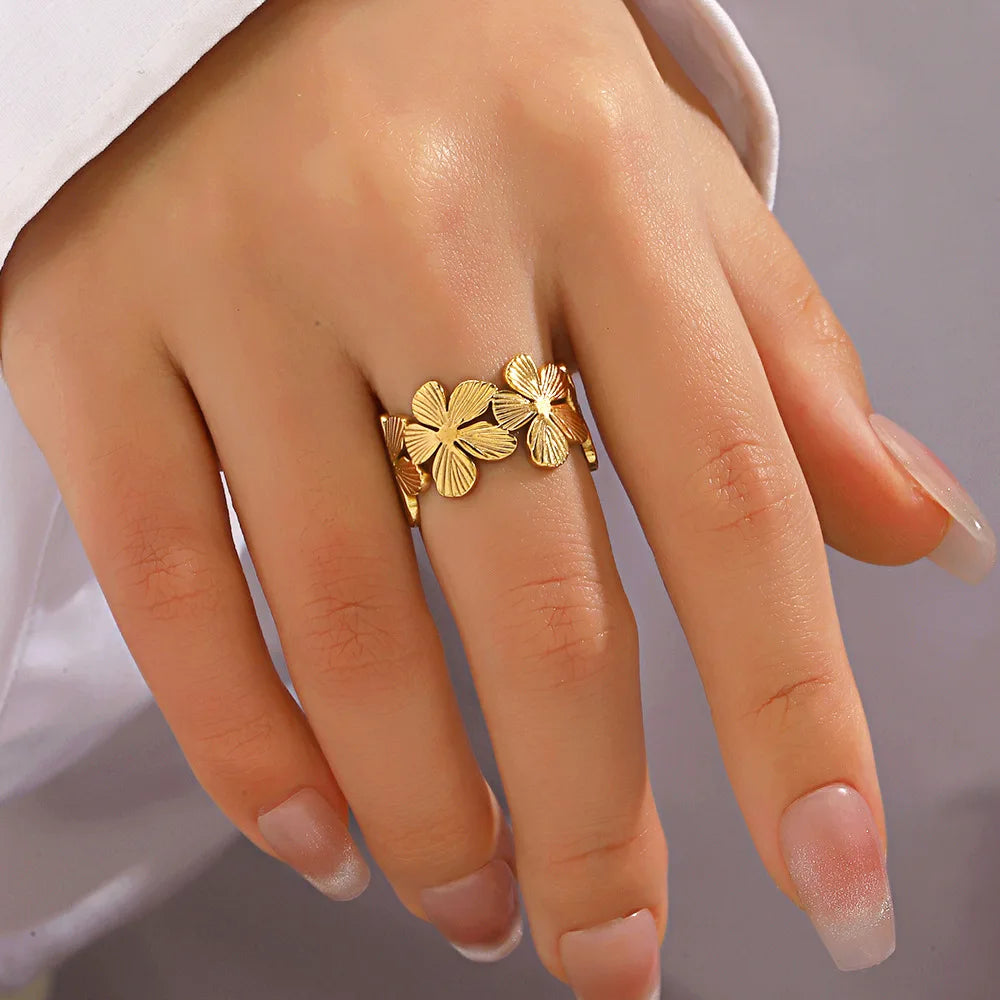 Stainless Steel Flower Adjustable Opening Rings 18k Gold PVD Plated Waterproof Finger Jewelry For Women Wedding Exquisite Gifts