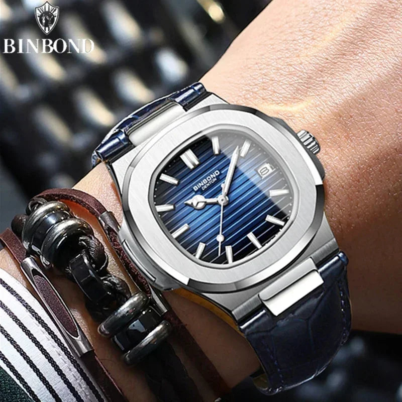 Reloj informal de negocios de cuero azul para hombre, reloj de lujo automático para hombre, relojes de moda para hombre, relojes de cuarzo de pulsera, Montre Homme 2026