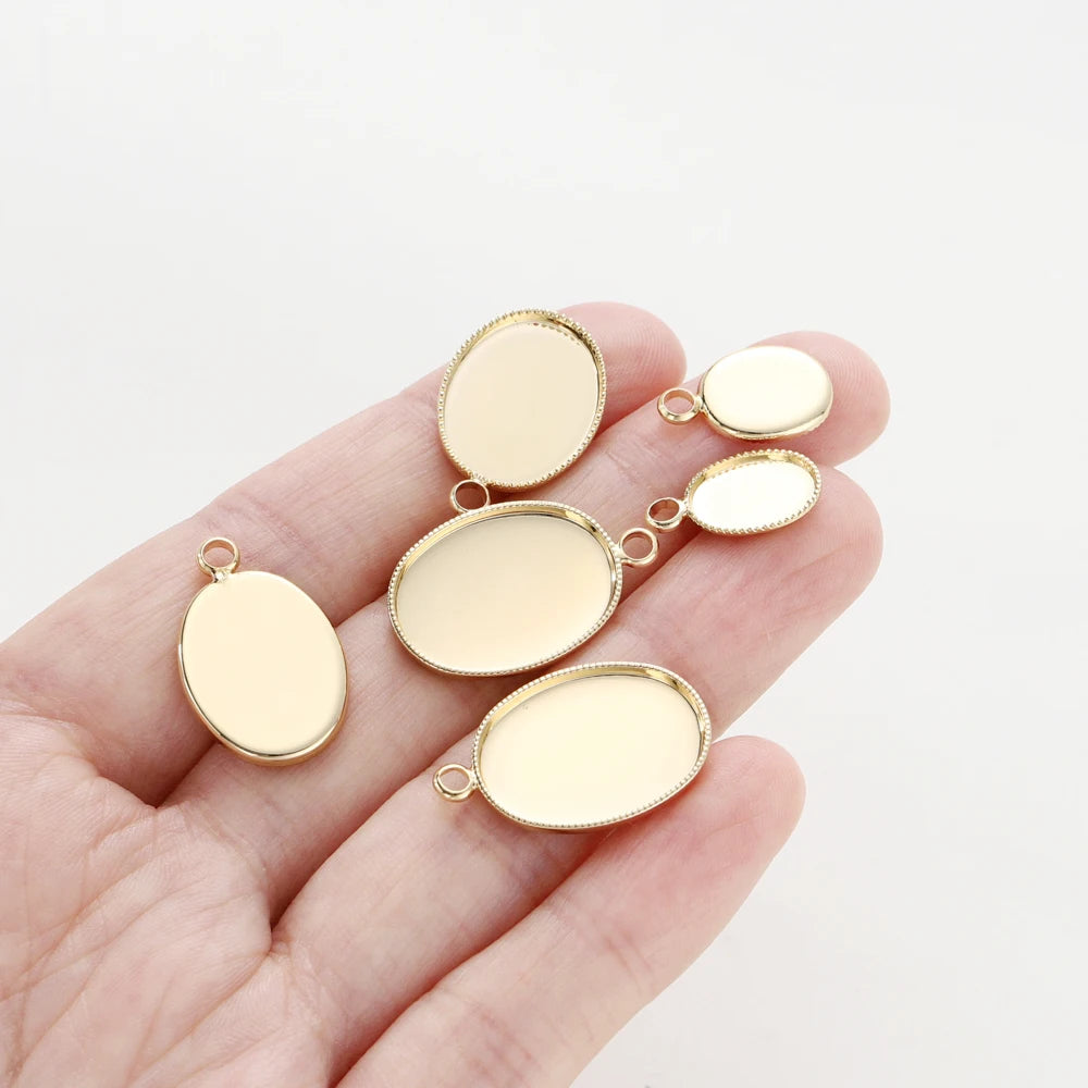 10 unidades/lote cabujón chapado en oro de 14K y 18K con orificio base de colgante, bandeja en blanco, bisel, joyería colgante hecha a mano, hallazgos para hacer bricolaje