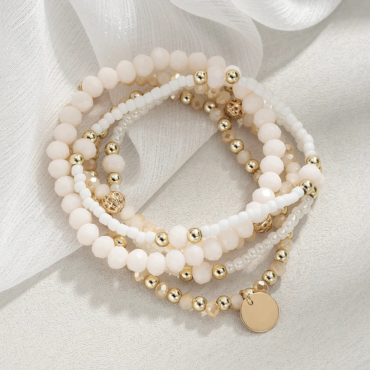 5er-Set modischer Harz-Perlenarmbänder für Frauen, runde Anhänger, elastische Perlenketten-Armreifen, Armband, Damenschmuck für den Urlaub