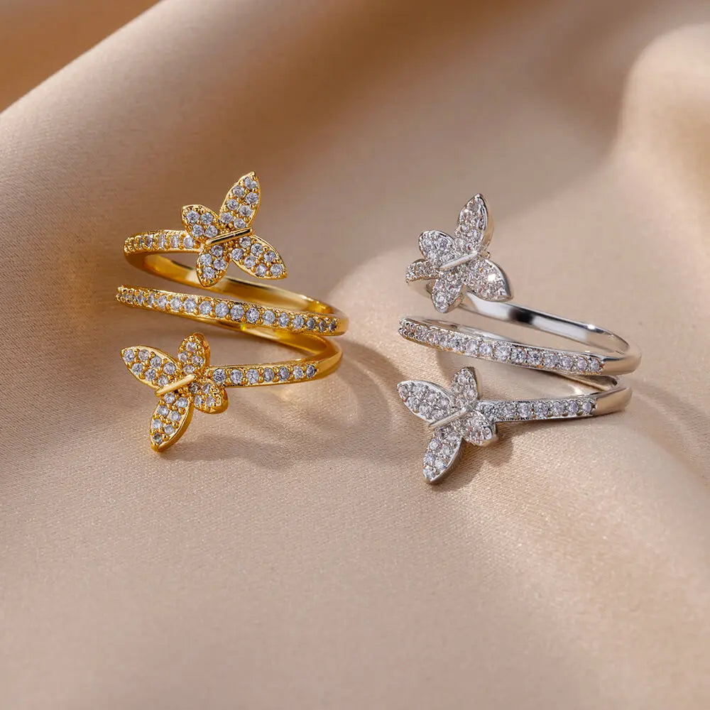 Zirkon-Doppelschmetterling-Ringe für Frauen, Edelstahl, goldfarben, offener mehrschichtiger Ring, Mode, Hochzeitsparty-Schmuck, Neu 2024