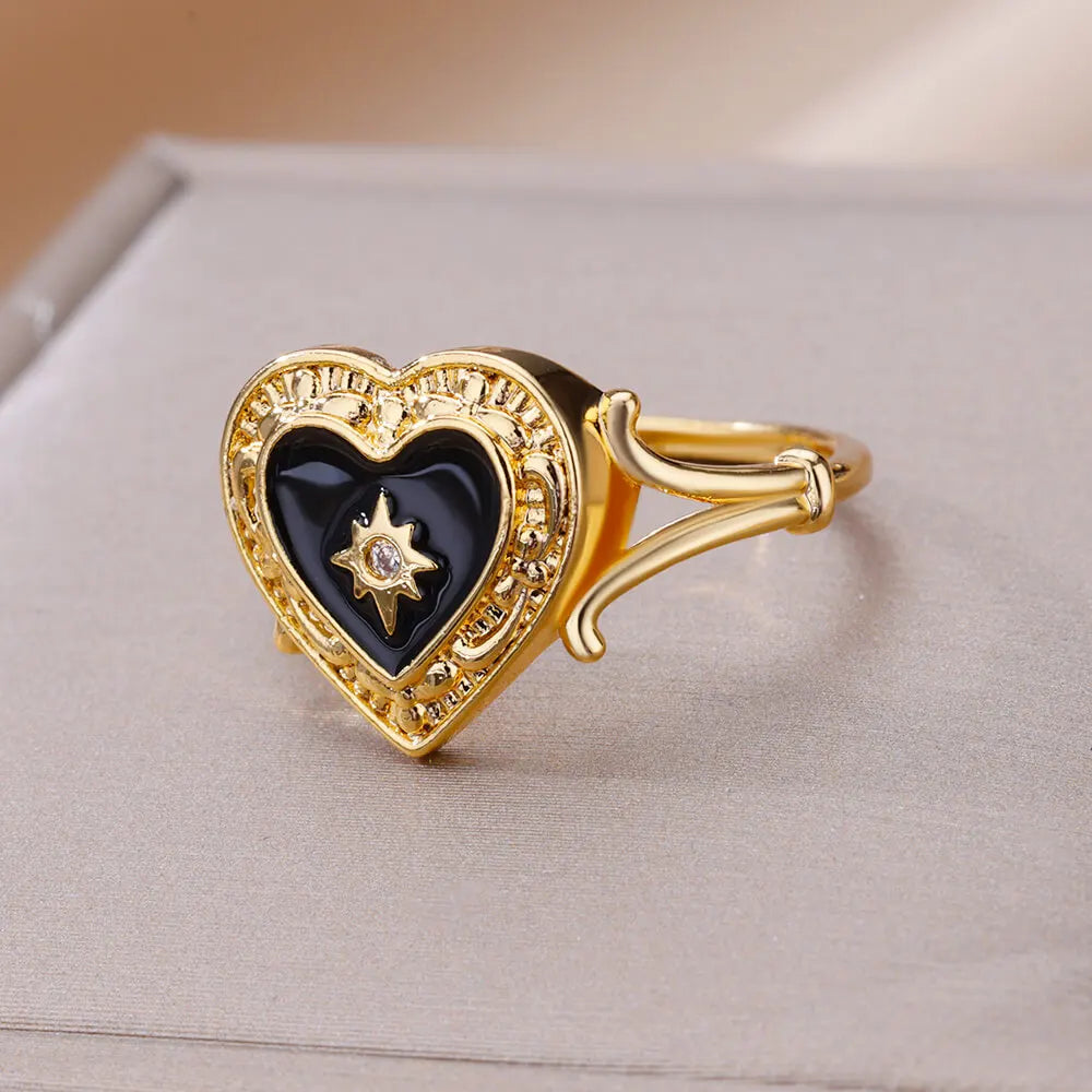 Goldfarbener Edelstahlring für Frauen Bunter Zirkonia Herz Öffnender verstellbarer Ring Modeschmuck Hochzeitsgeschenk