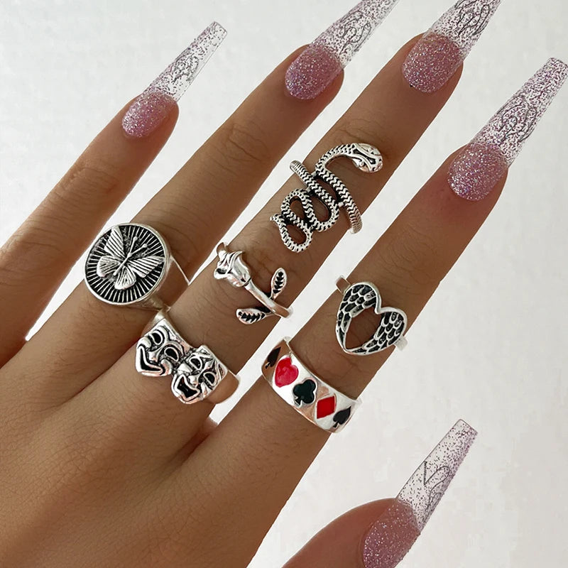 Anillo de elementos múltiples de metal estilo Punk vintage para mujer y hombre, anillos de dedo de calavera de serpiente mariposa de Color plata antigua, joyería gótica