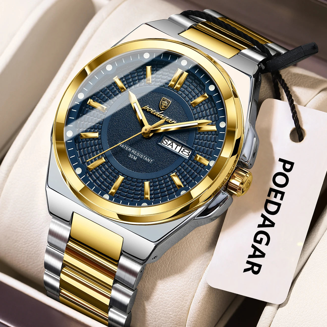 POEDAGAR Top Original Relojes de Hombre Acero Inoxidable Impermeable Luminoso Reloj de Hombre Fecha Semana Clásico de Moda Reloj de Pulsera de Cuarzo para Hombre