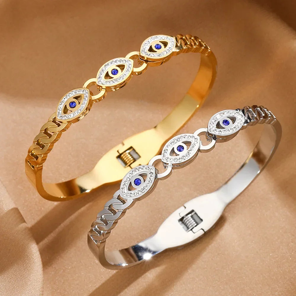 Mode Edelstahl Armband für Damen Herren Böser Blick Manschettenarmreifen Vergoldete Federverschluss Glücksbringer Schmuck Zubehör