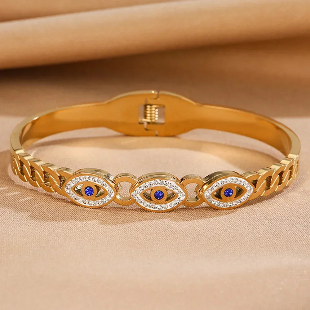 Mode Edelstahl Armband für Damen Herren Böser Blick Manschettenarmreifen Vergoldete Federverschluss Glücksbringer Schmuck Zubehör