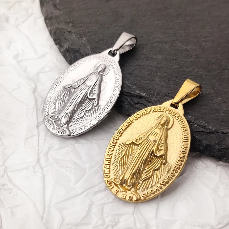 Collar de medalla de la Virgen María de oferta - Chapado en oro de 18 quilates y acero inoxidable 316L, colgante religioso, regalos católicos para mujeres y hombres