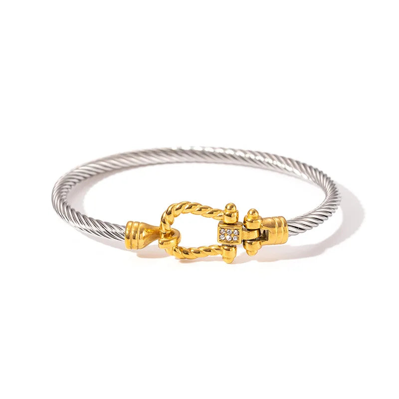1x Edelstahl vergoldet Armreif Trendiger Retro Hip-Hop Stil Armband Fried Dough Twists Stahldrahtseil Farbfester Armreif