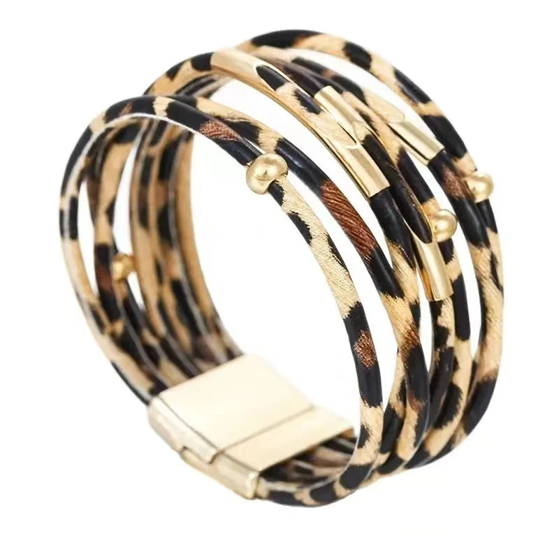 Vintage Metallröhre Leopard Leder Armband für Frauen Männer Boho Mehrschicht Wickel Breites Armband Anhänger Schmuck