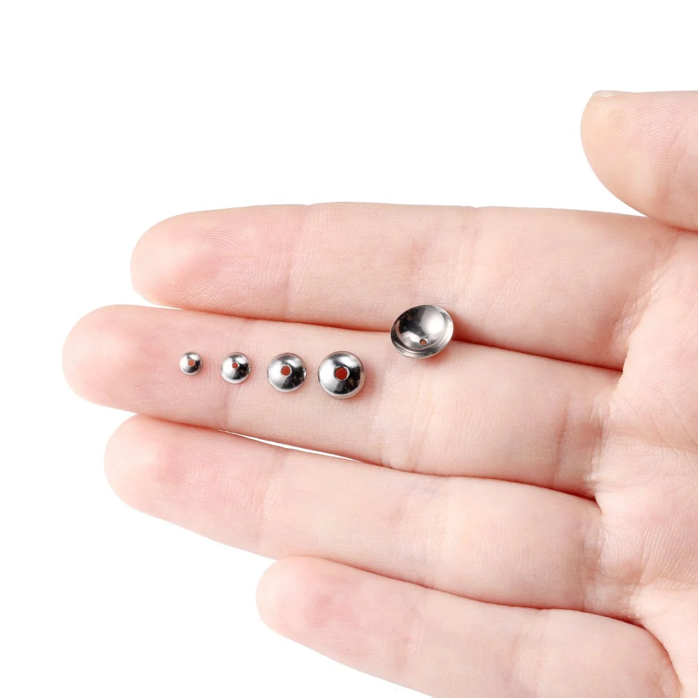 50 unidades de tapas de cuentas redondas de acero inoxidable de 3, 4, 5, 6, 8 mm, espaciadores, conectores para hacer collares y joyas DIY