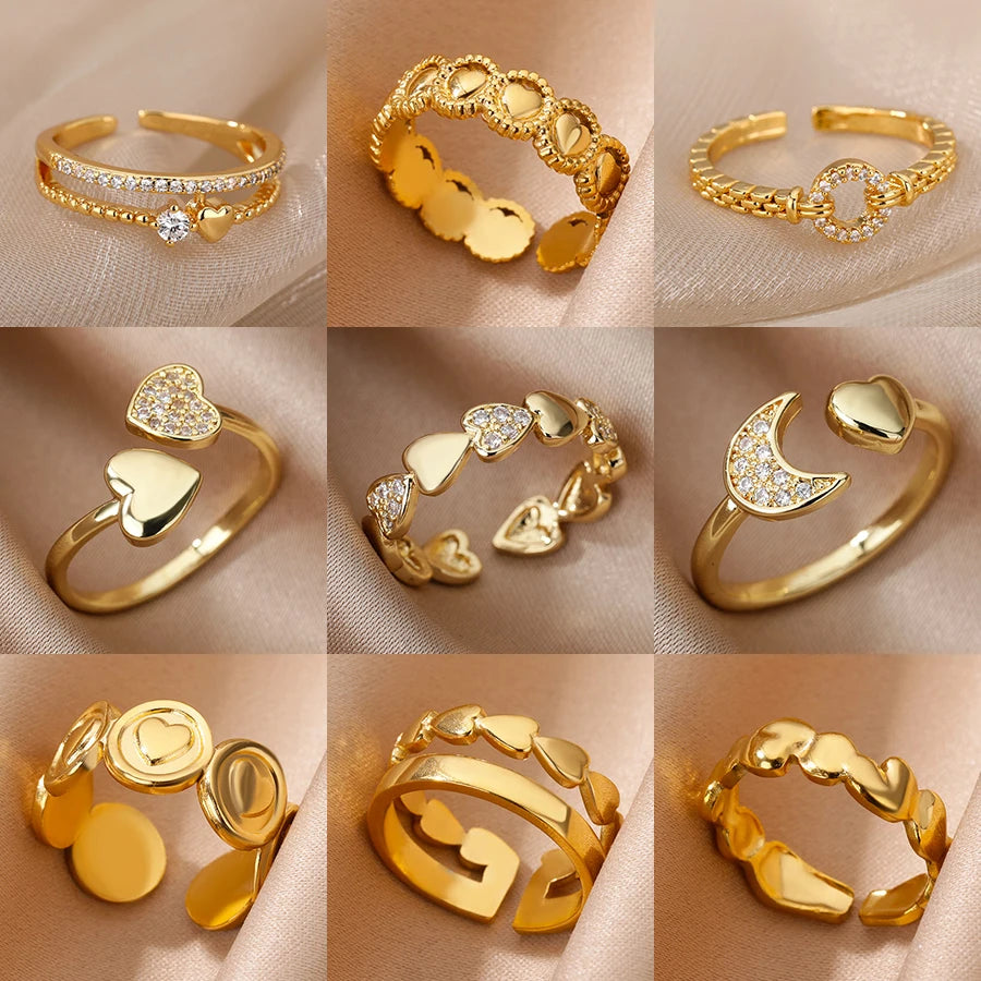 Zirkon Herzringe für Damen, Edelstahl, goldfarben, verstellbarer offener Fingerring, Hochzeit, Ästhetischer Schmuck, Geschenk 2024