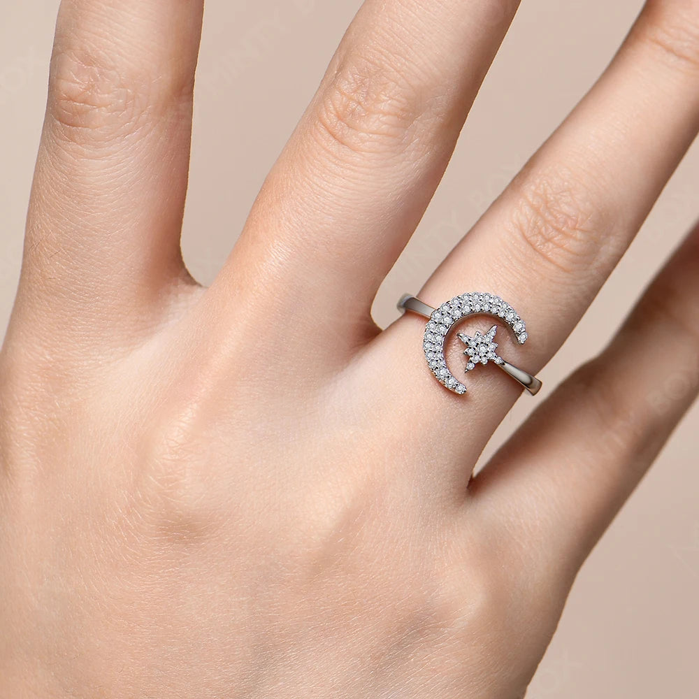 MINTYBOX 0.242CTW Stern Mond S925 Sterlingsilber Moissanit Ringe für Damen Labor Diamant Ring 18K Vergoldet Hochzeit Schmuck Geschenk
