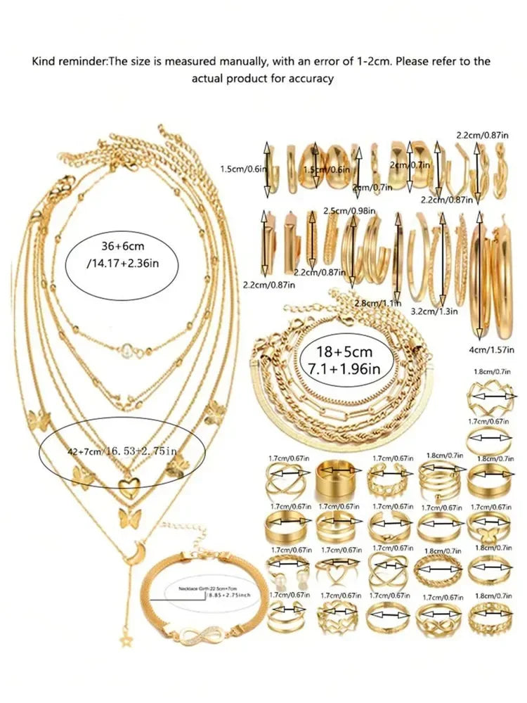 Neue 57-teilige Schmucksets für Damen, Metall, breite Ohrringe, Halsketten, Armbänder, Fußkettchen, Ringe, Kombinationsset