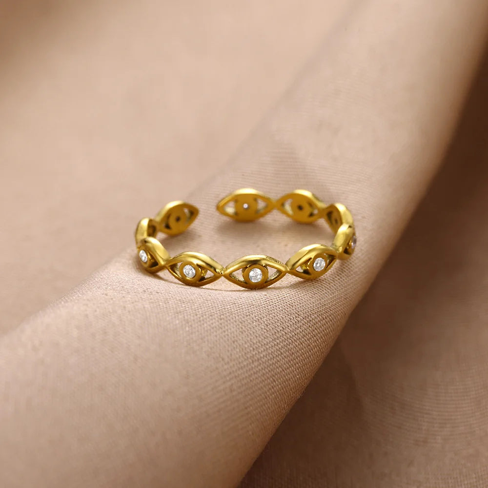 Grüner Zirkon Böser Blick Ringe für Frauen Edelstahl Goldfarben Geometrisch Offener Ring Neu Hochzeit Wasserdichter Modeschmuck Geschenk