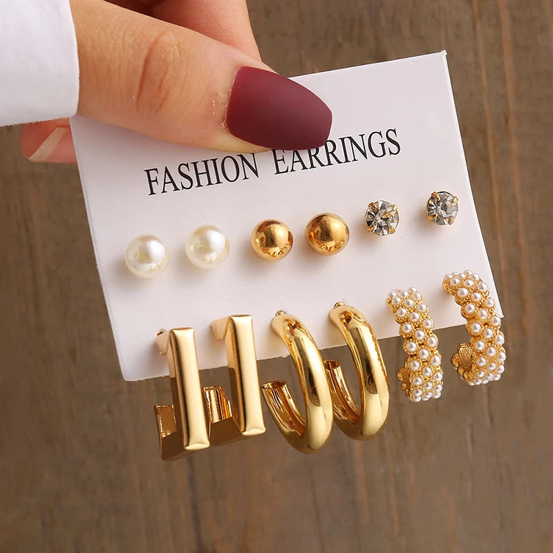 Aretes de Perlas Geométricos Vintage Color Oro, Set de Aretes Colgantes Cuadrados de Metal Trenzado Redondos para Mujer, Joyería de Fiesta Sencilla y de Moda