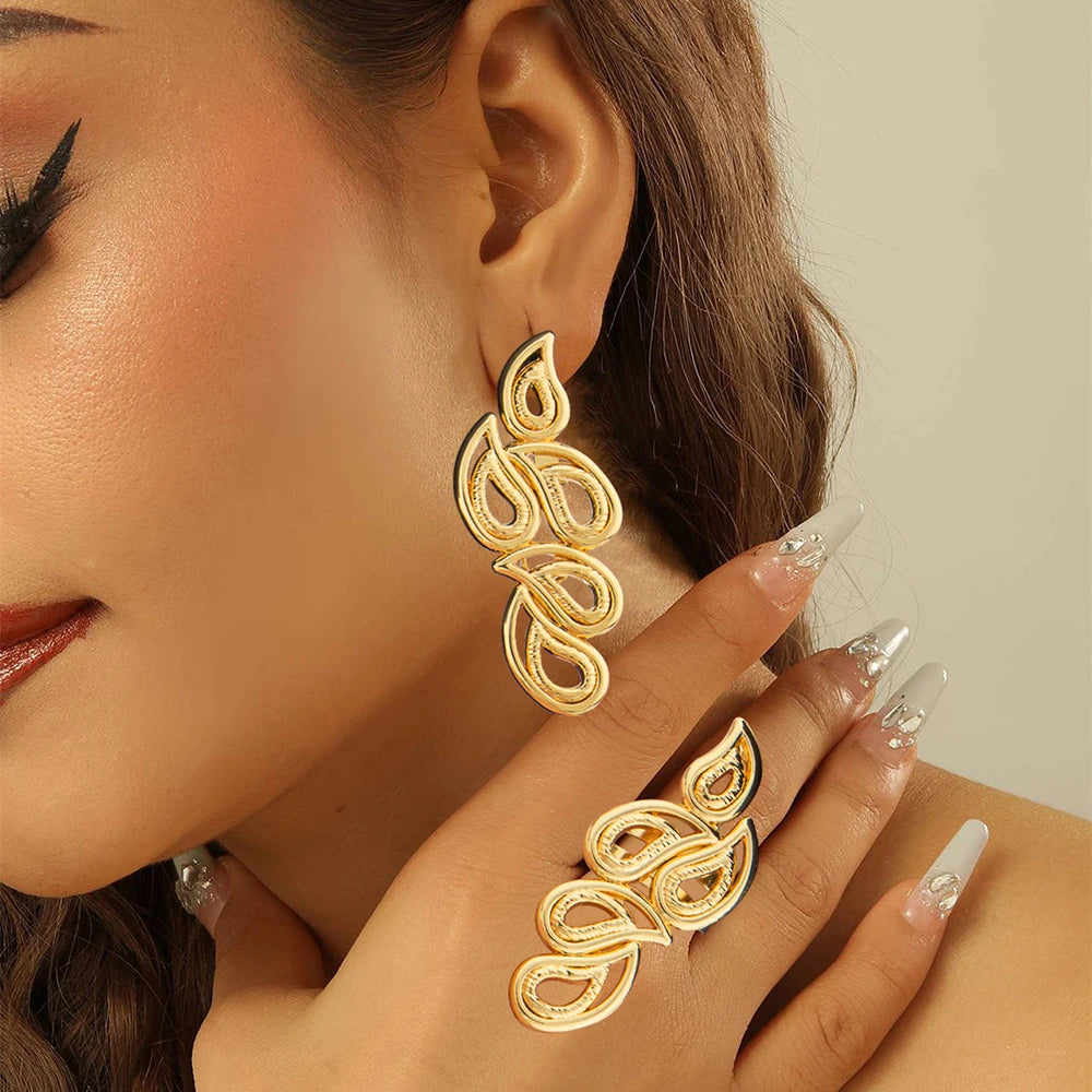 18k Goldfarbe Ohrringe mit Ring Schmuckset für Braut Afrikanische Clip-Ohrringe und Fingerring 2-teiliges Set für Verlobungsschmuck
