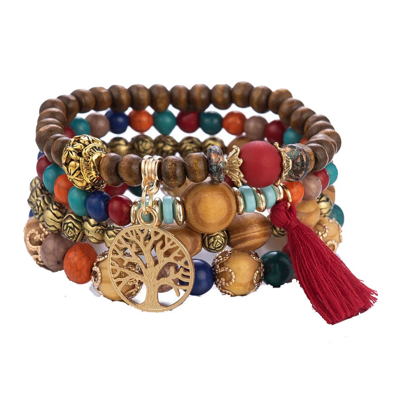 Boho Lebensbaum-Armband-Set für Frauen, modische Quasten, Charms, Holzperlen, elastische Kette, Armreif, trendiger Party-Schmuck für Mädchen