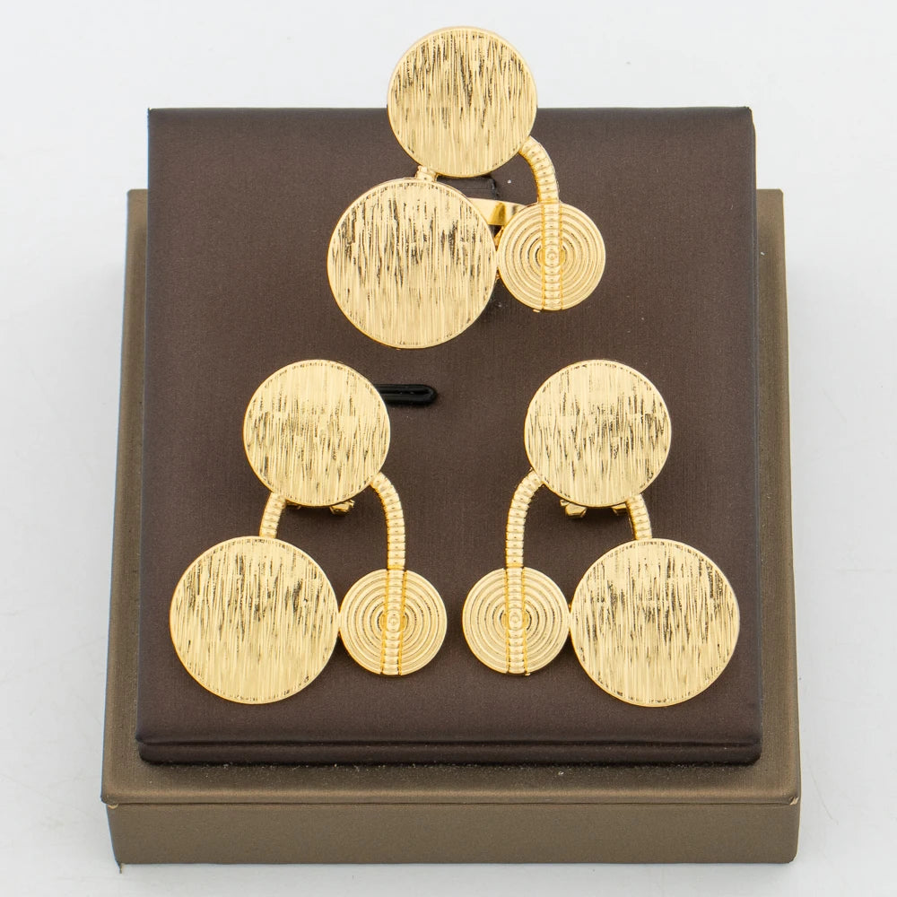 Dubai Goldfarbenes Schmuckset für Frauen, Hochzeiten, Braut, Ohrringe und Ring, brasilianisches Statement-Design, Clip-Ohrringe, Ringset, Alltag