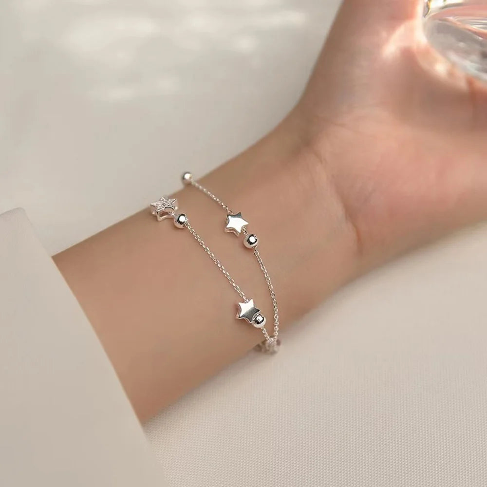 925 Stempel Silberfarbe Sternarmband Mode Koreanisch Fünfzackige Sterne Kristall Doppelarmband Dropshipping Großhandel